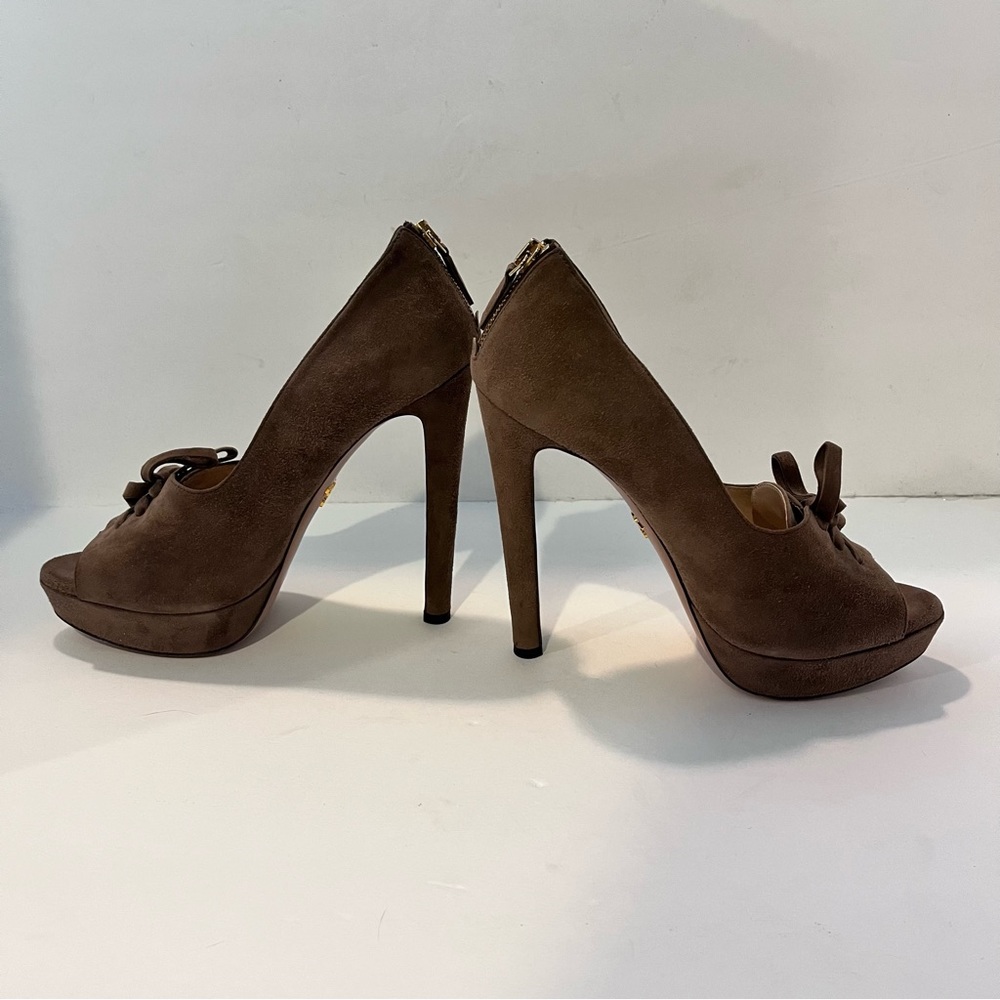 Prada Women’s 39.5 Brown Leather Suede Peep Toe High Heel Pumps - Picture 7 of 16